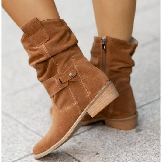 Orsenvi Mid Calf Slouch Suede Boots Low Heel - All Day Comfort And Polished Silhouette