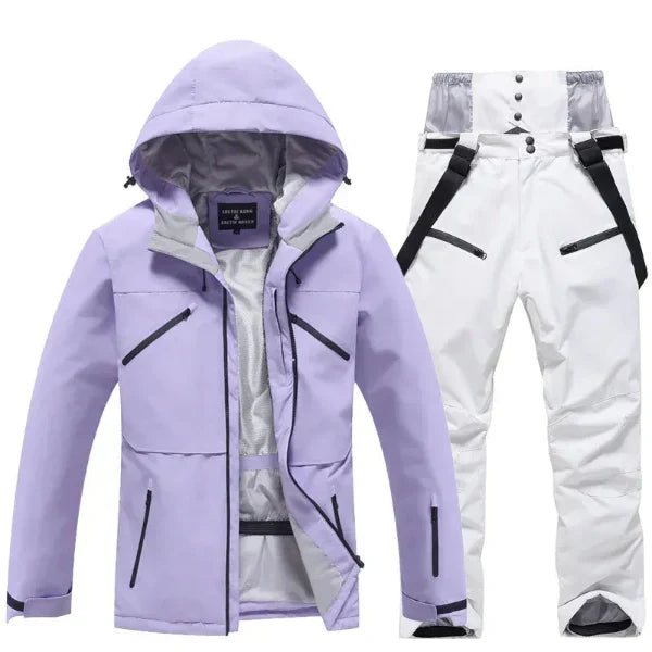 Women's two-piece waterproof ski suit set, regular fit hooded jacket and pants for winter sports
