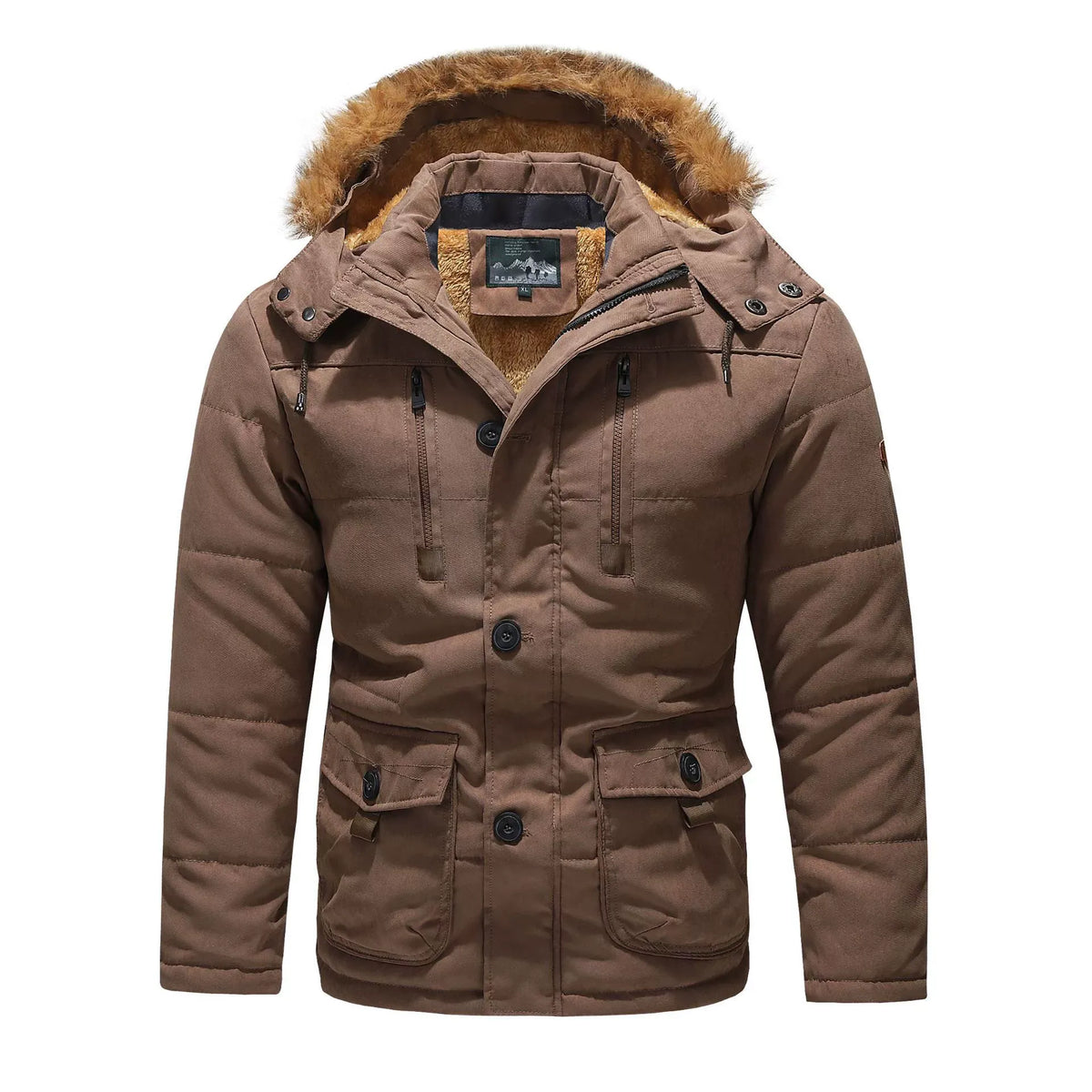 Men's mid-length parka jacket regular fit plush lining detachable faux fur hood winter coat