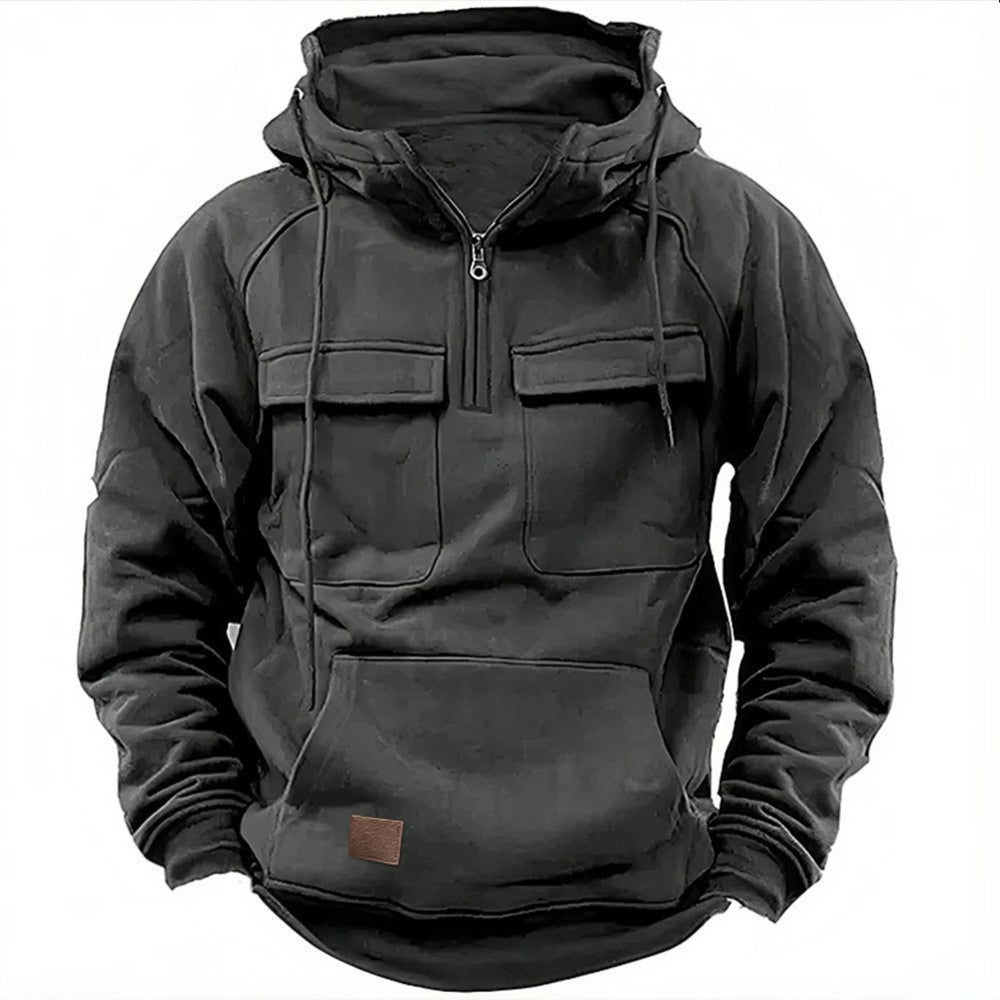 Men's Hoodie Relaxed Fit Half Zip Chest Flap Pockets Soft Cotton