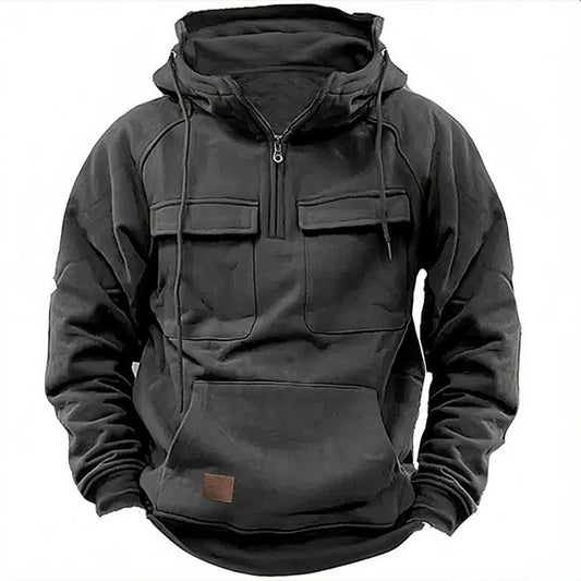Men's Hoodie Relaxed Fit Half Zip Chest Flap Pockets Soft Cotton
