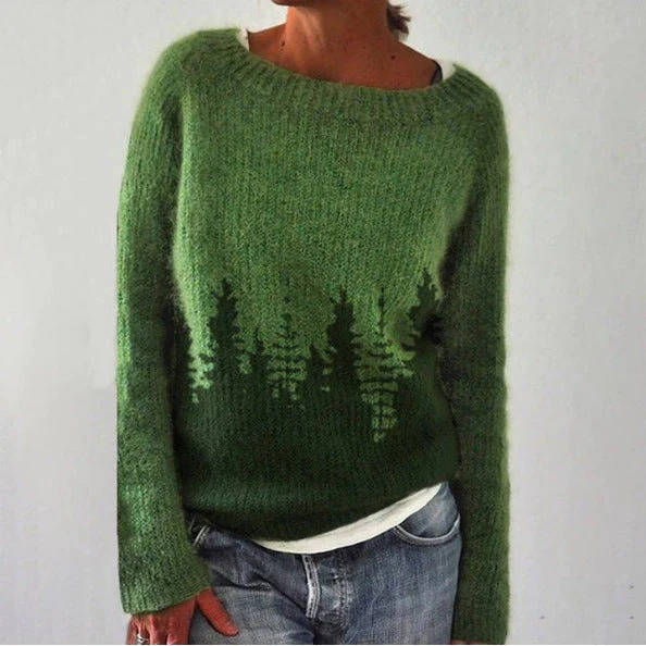 Women's soft wool Nordic sweater with Fair Isle mountain print in cozy vintage Aztec-inspired style