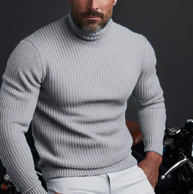 Men's slim fit ribbed wool turtleneck sweater long sleeve classic style in neutral tone