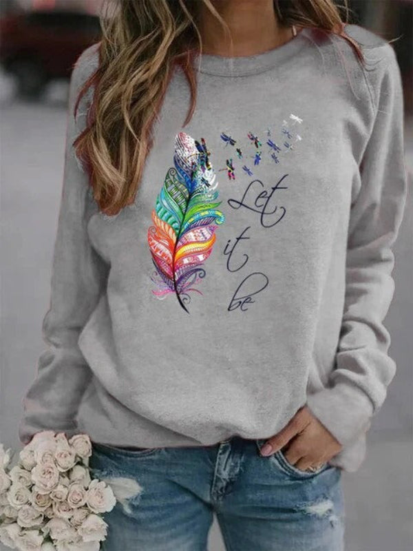 Women's relaxed-fit feather print pullover sweater in soft cotton-feel knit casual style