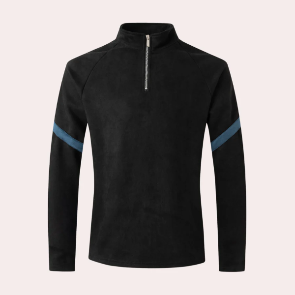 Men's wool blend relaxed fit pullover sweater with quarter zip and striped raglan sleeves