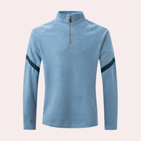 Men's wool blend relaxed fit pullover sweater with quarter zip and striped raglan sleeves