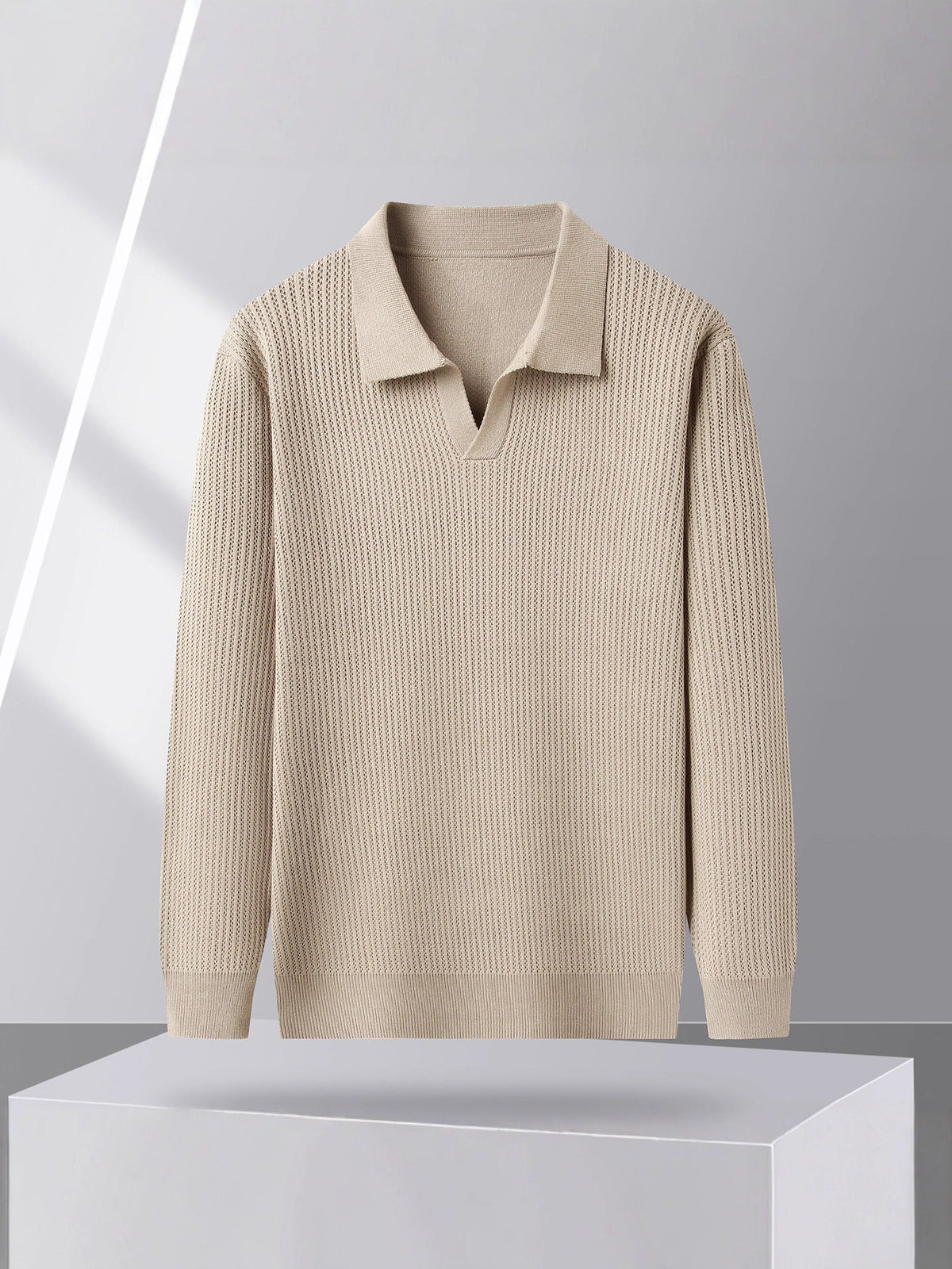 Men's beige knit sweater spread polo collar relaxed fit ribbed cuffs long sleeves fall casual style