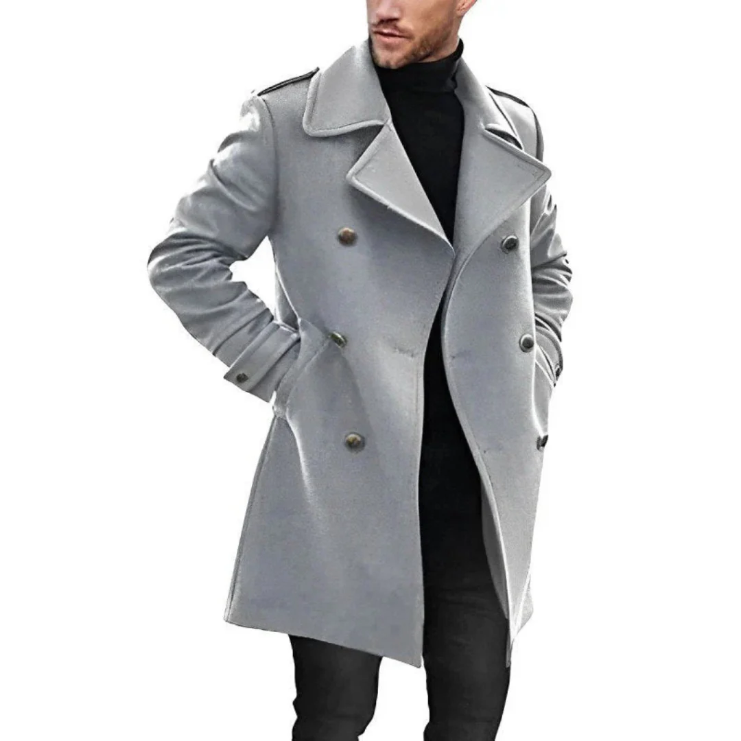 Mens Trench Coat Wool Blend Tailored Fit Double Breasted Mid Length