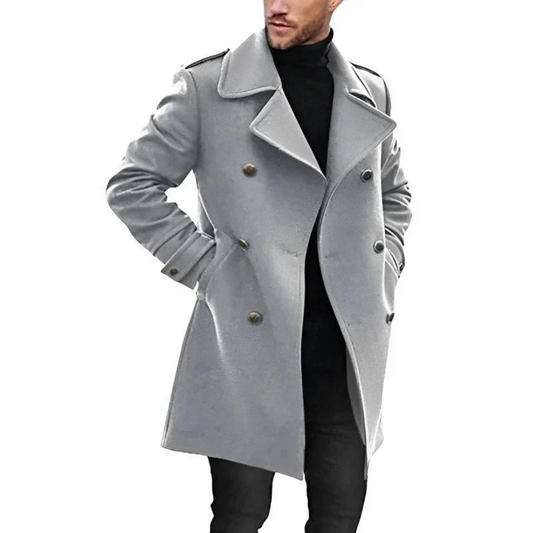 Mens Trench Coat Wool Blend Tailored Fit Double Breasted Mid Length