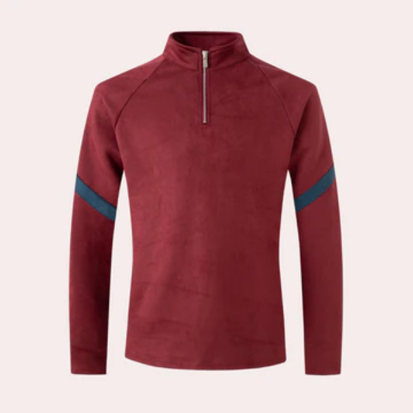 Men's wool blend relaxed fit pullover sweater with quarter zip and striped raglan sleeves