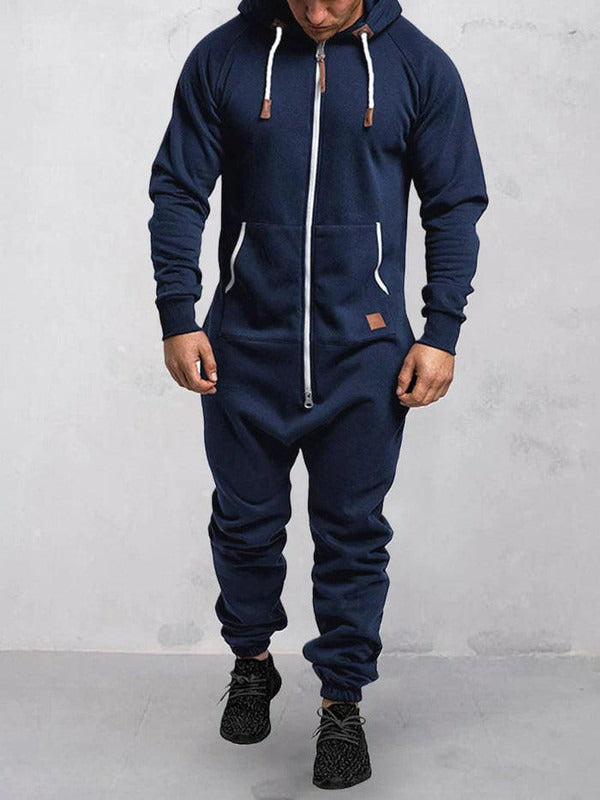 Men's Fleece Jumpsuit Hooded Lounge Wear Zipper Front Relaxed Fit