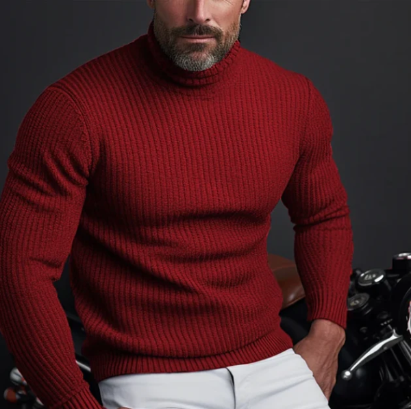 Men's slim fit ribbed wool turtleneck sweater long sleeve classic knit style in neutral tone