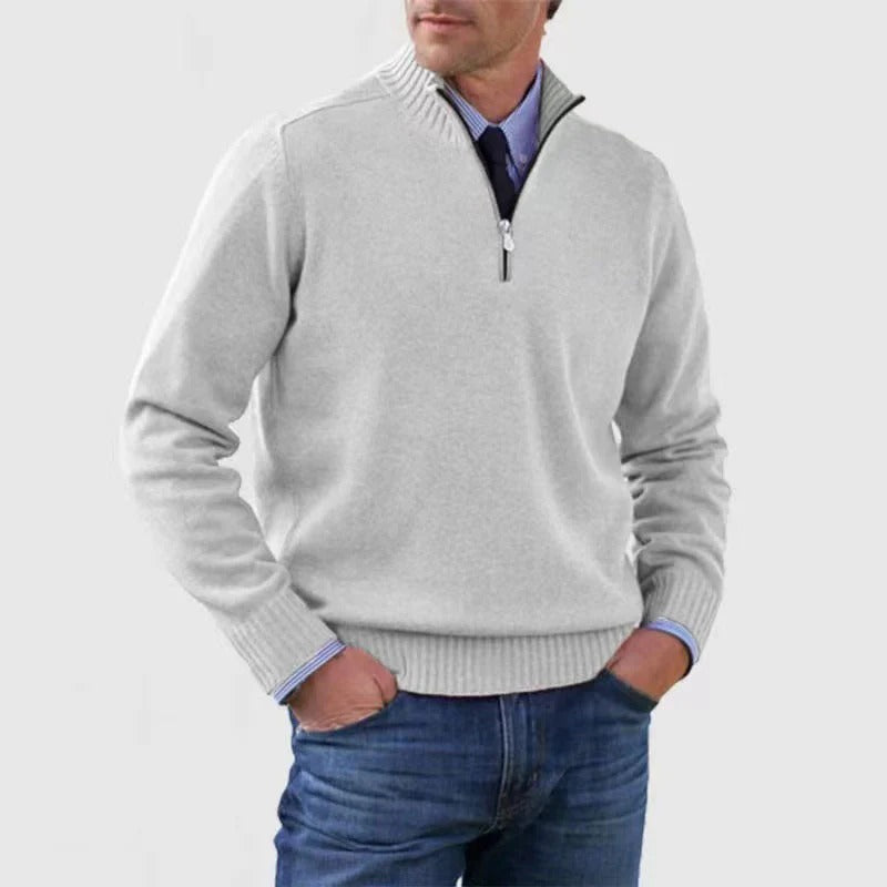 Men's navy quarter zip knit sweater business casual pullover with adjustable zip neckline by Orsenvi