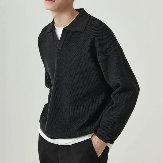 Men's Knit Sweater With Spread Polo Collar Long Sleeves Ribbed Cuffs