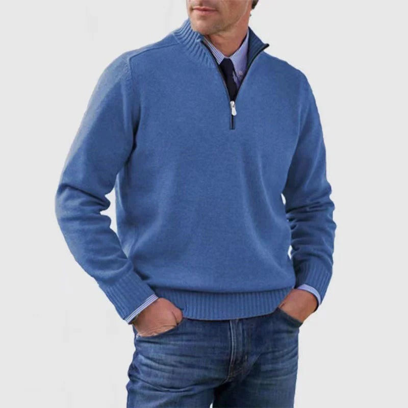 Men's navy quarter zip knit sweater business casual slim fit adjustable neckline pullover by Orsenvi