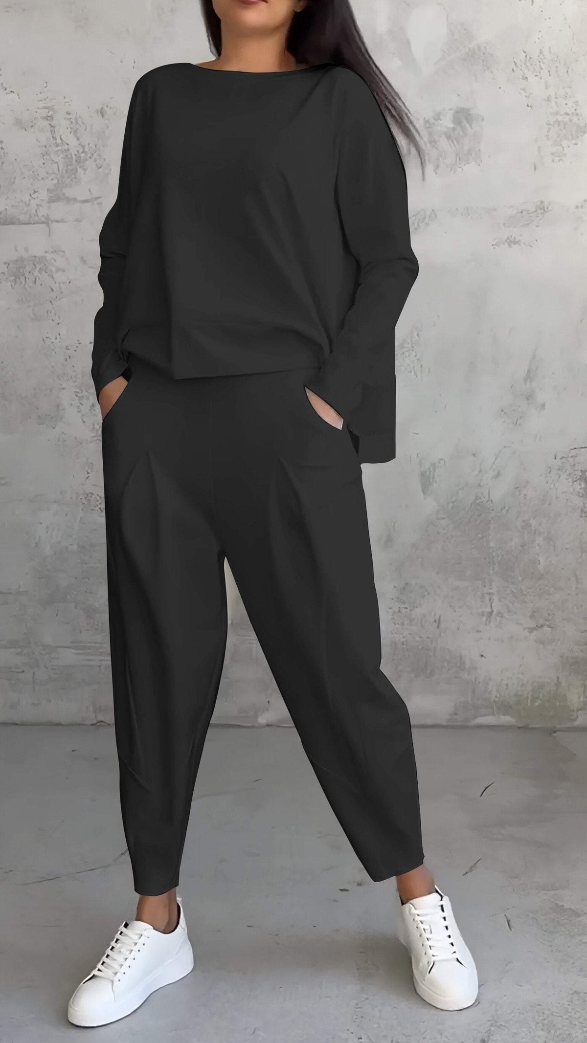 Women's gray 2-piece lounge set boat-neck long sleeve top with tapered pleated pants