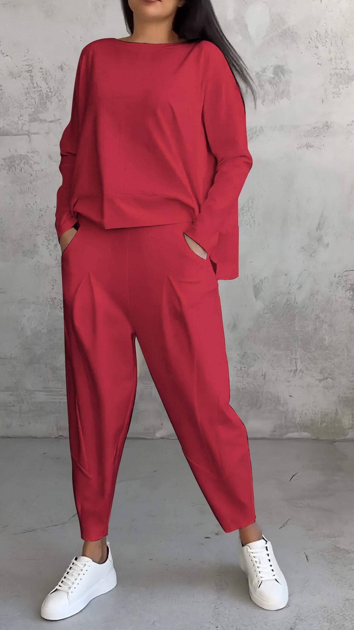 Women's ivory 2-piece lounge set boat-neck long sleeve top tapered pleated pants matching set