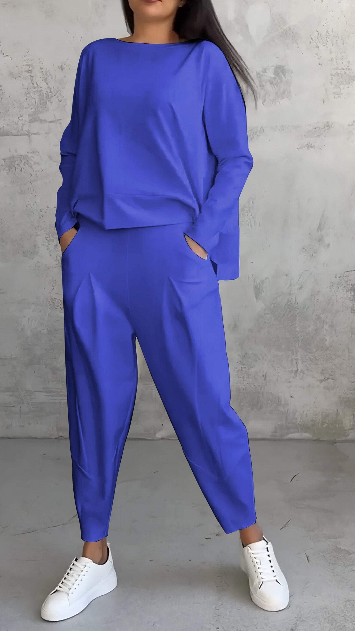 Women's gray 2-piece lounge set boat-neck long sleeve top with tapered pleated pants