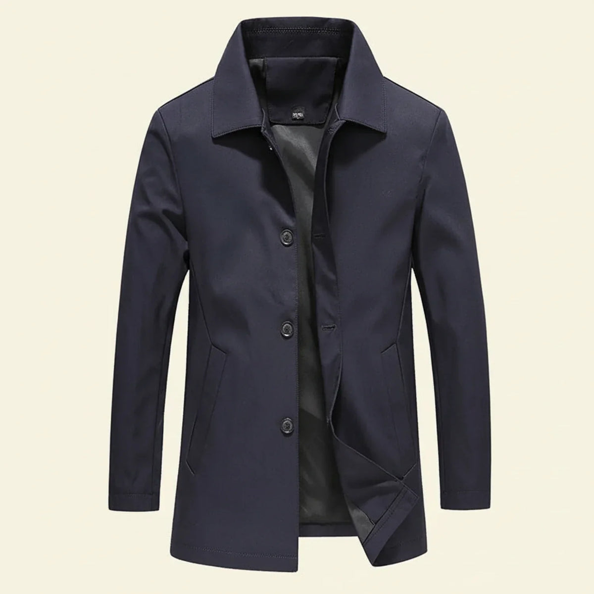 Men's navy mid-length minimalist overcoat with button-down classic collar for smart-casual wear