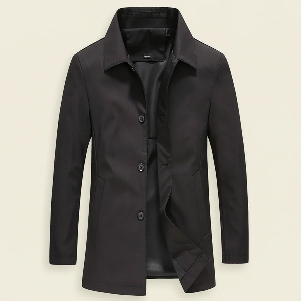Men's navy mid-length minimalist overcoat with button-down classic collar for smart-casual wear