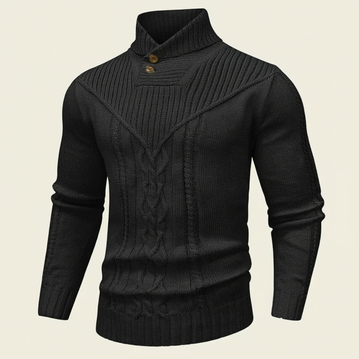 Men's Cable Knit Shawl Collar Sweater Pullover with Button Placket