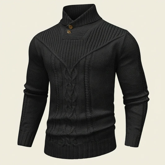 Men's Cable Knit Shawl Collar Sweater Pullover with Button Placket