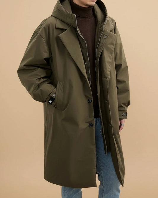 Orsenvi Men's Waterproof Hooded Overcoat Long Olive All Weather Coat