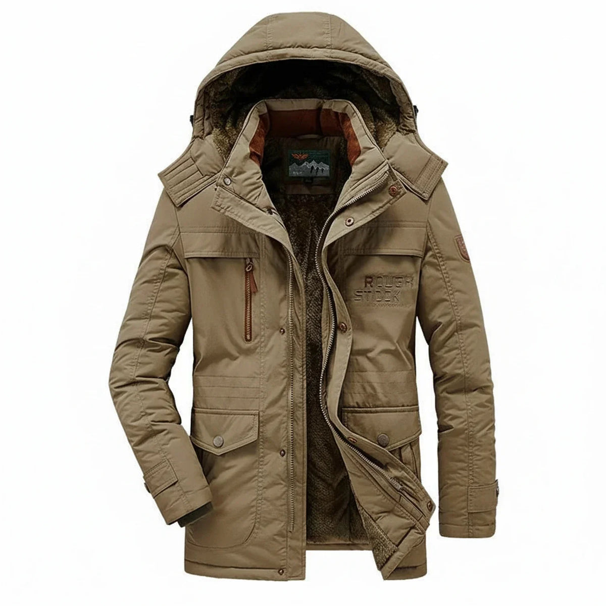 Men's military-inspired hooded parka jacket mid-length full zip closure with multiple pockets
