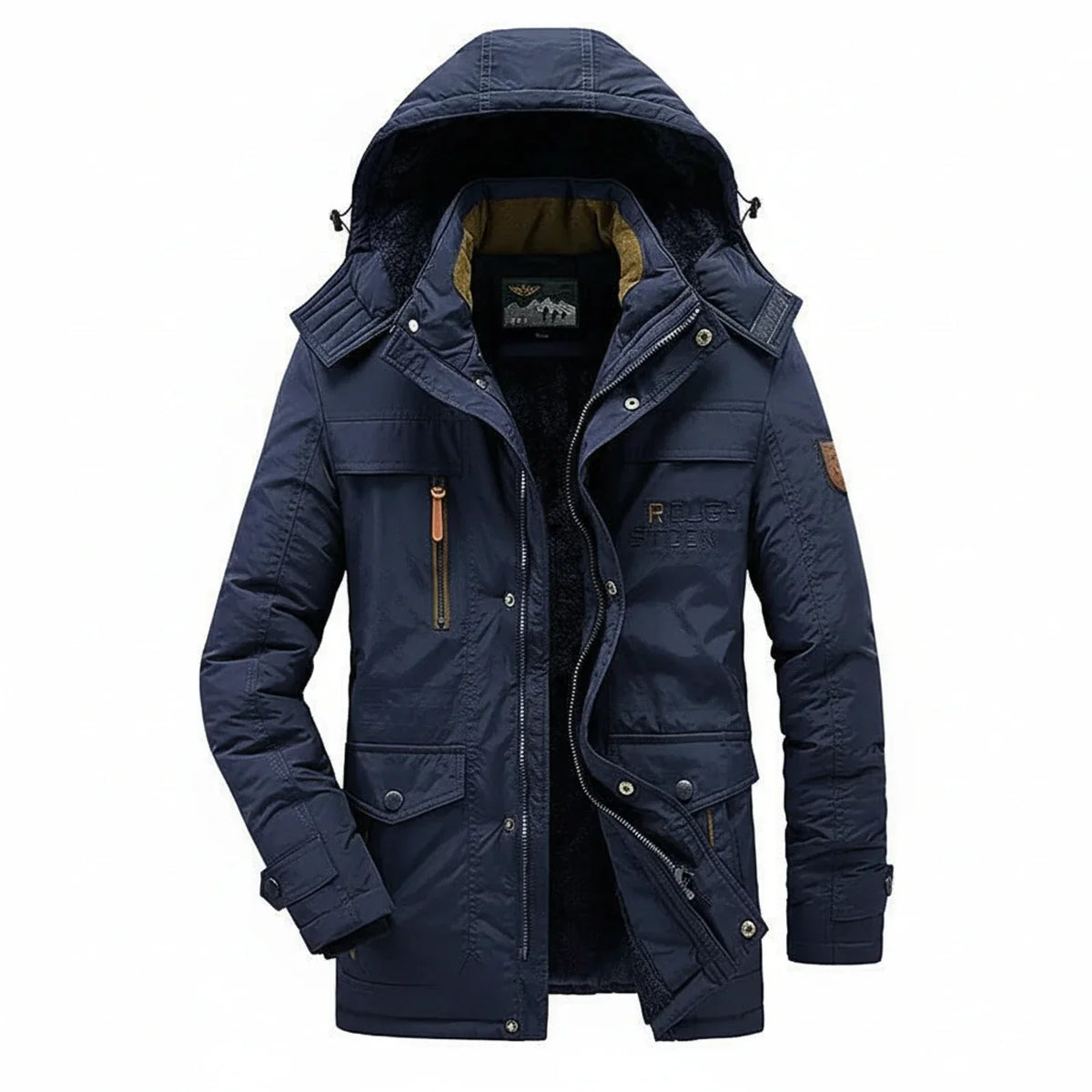 Men's military-inspired hooded parka jacket mid-length full zip closure with multiple pockets