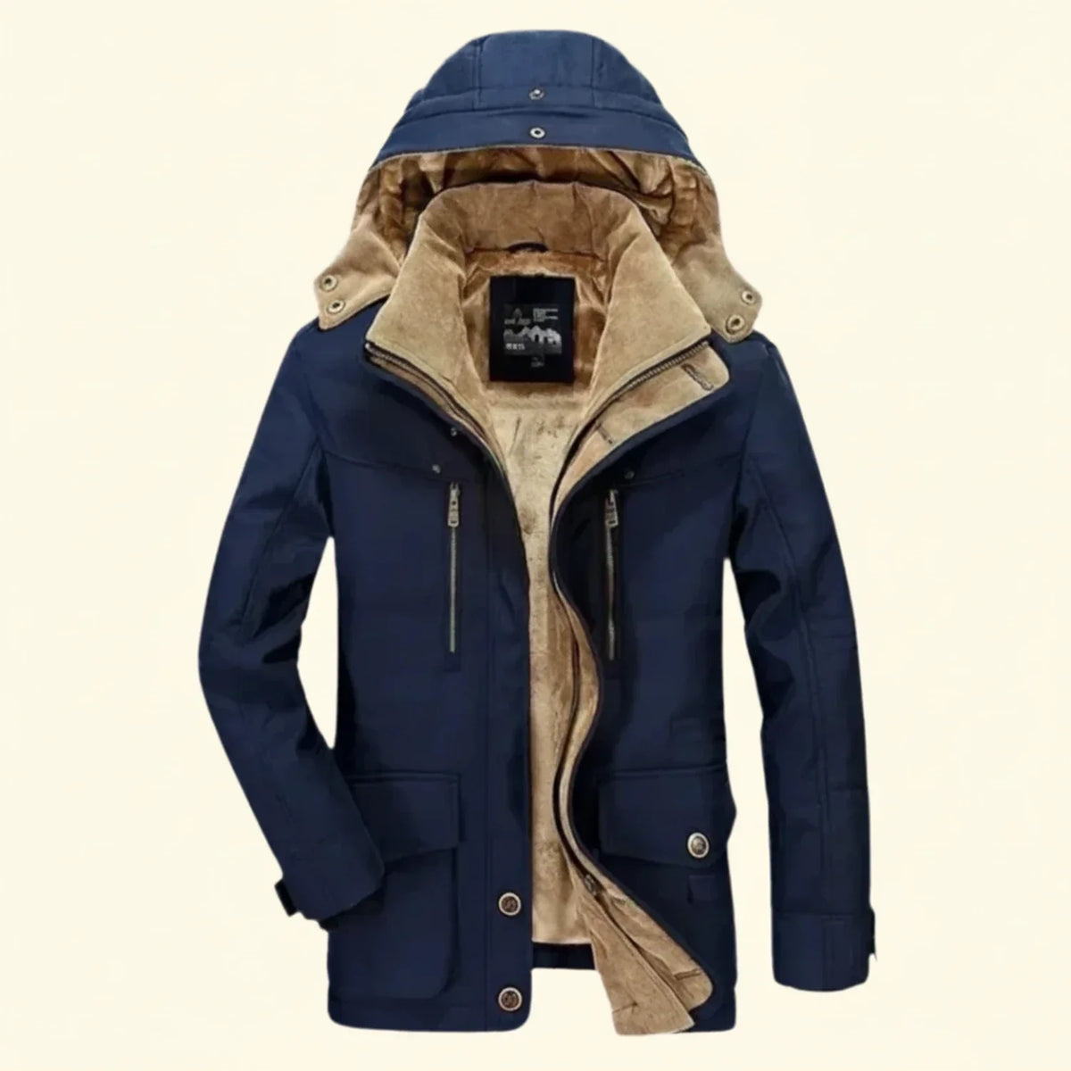 Men's hooded utility winter jacket with quilted shoulder detail and multiple functional pockets