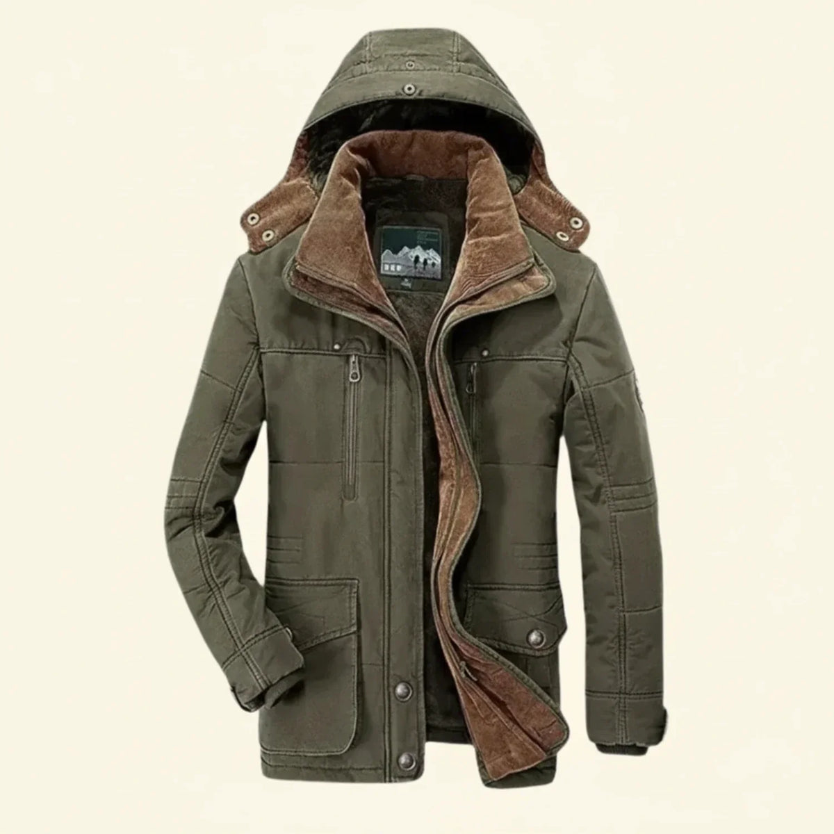 Men's dark hooded utility winter jacket with quilted shoulder detail and multiple functional pockets
