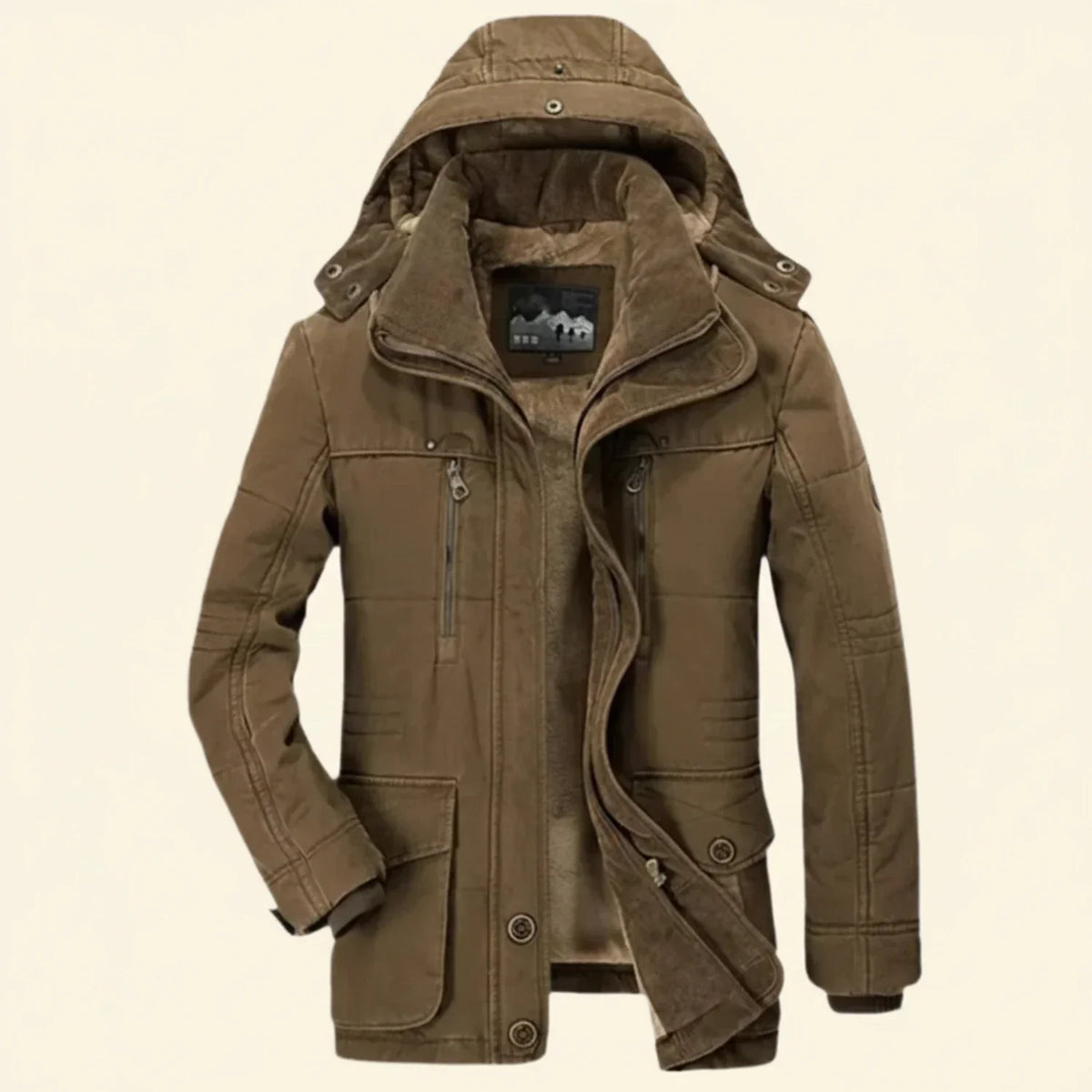 Men's hooded utility winter jacket with quilted shoulder detail and multiple functional pockets