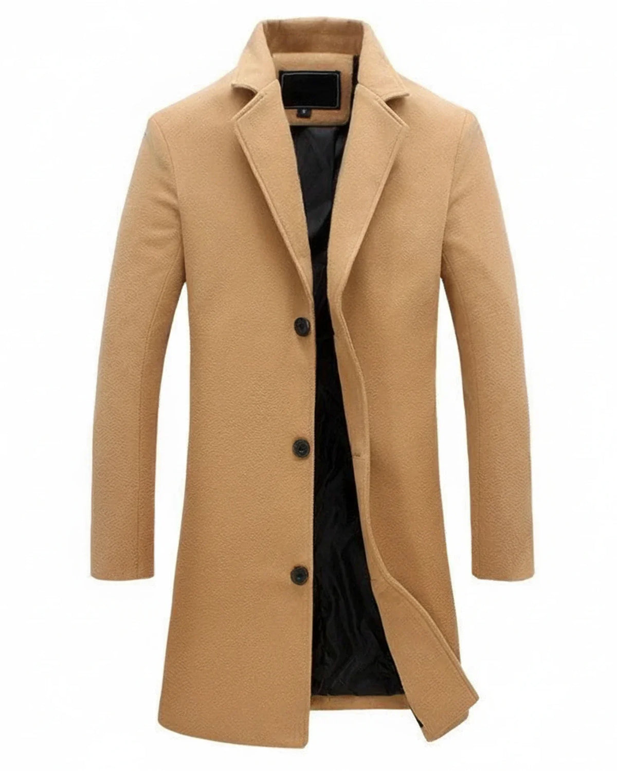 Men's classic long overcoat notch lapel button-front formal casual versatile streamlined silhouette