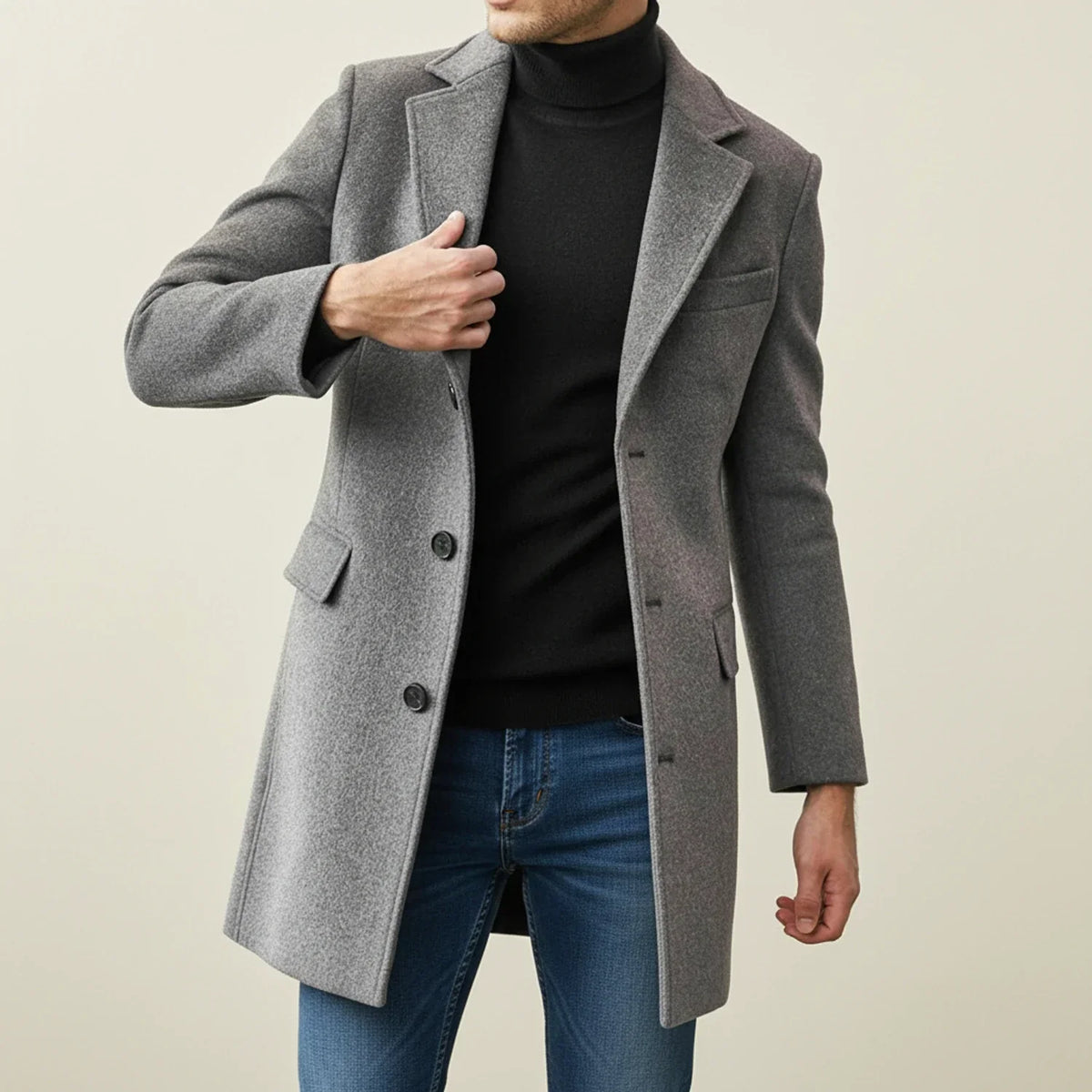 Men's dark wool knee-length overcoat with notched lapel and single-breasted tailored fit