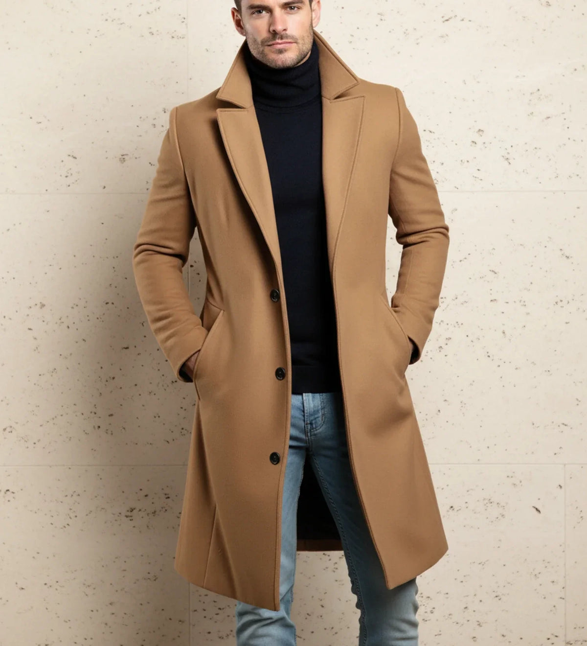 Orsenvi Mens Notch Lapel Overcoat Long Single Breasted