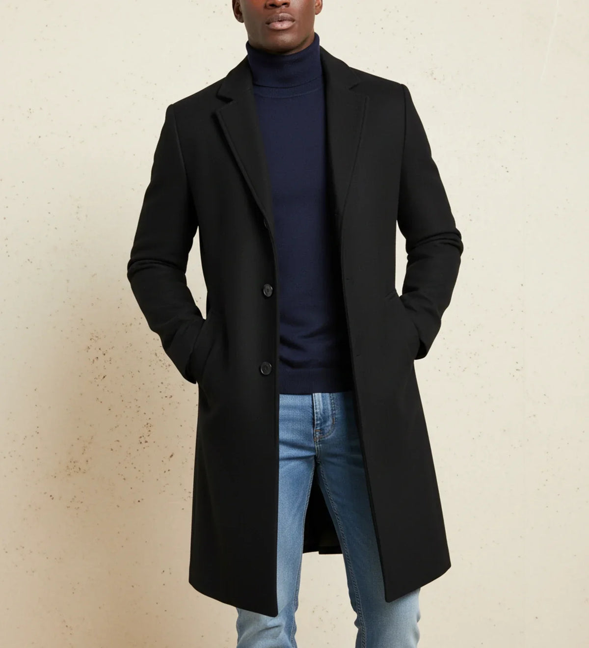 Men's classic fit long single-breasted overcoat with notch lapel and button front closure