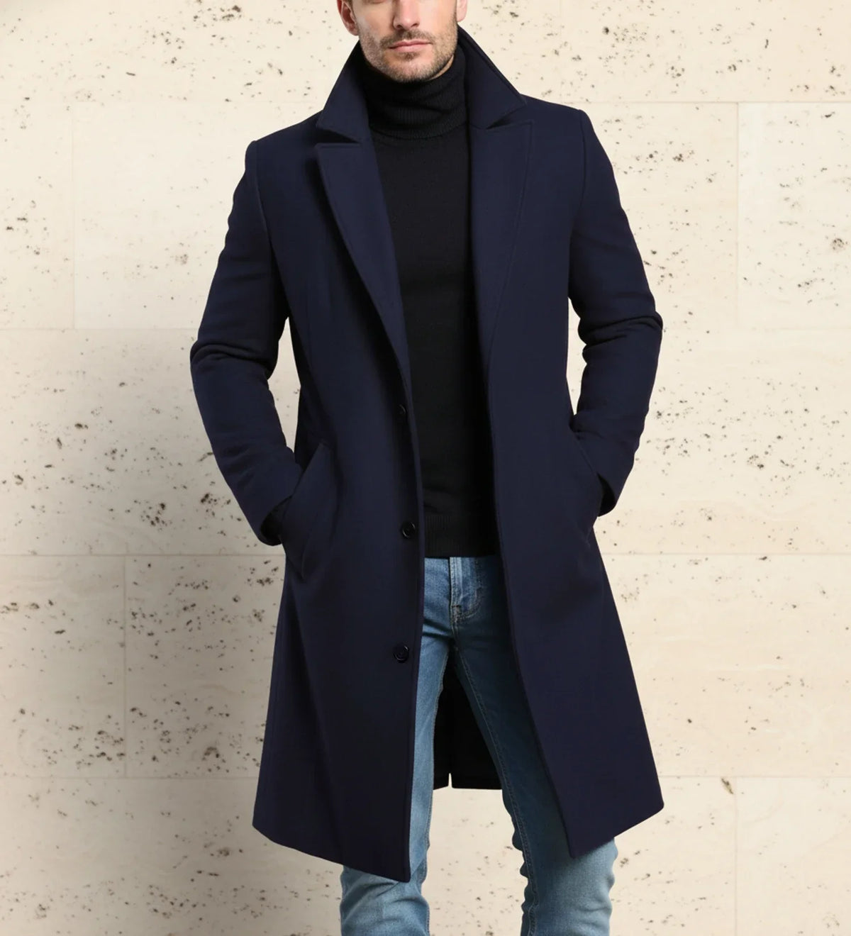 Men's charcoal classic fit long single-breasted overcoat with notch lapel and button front closure