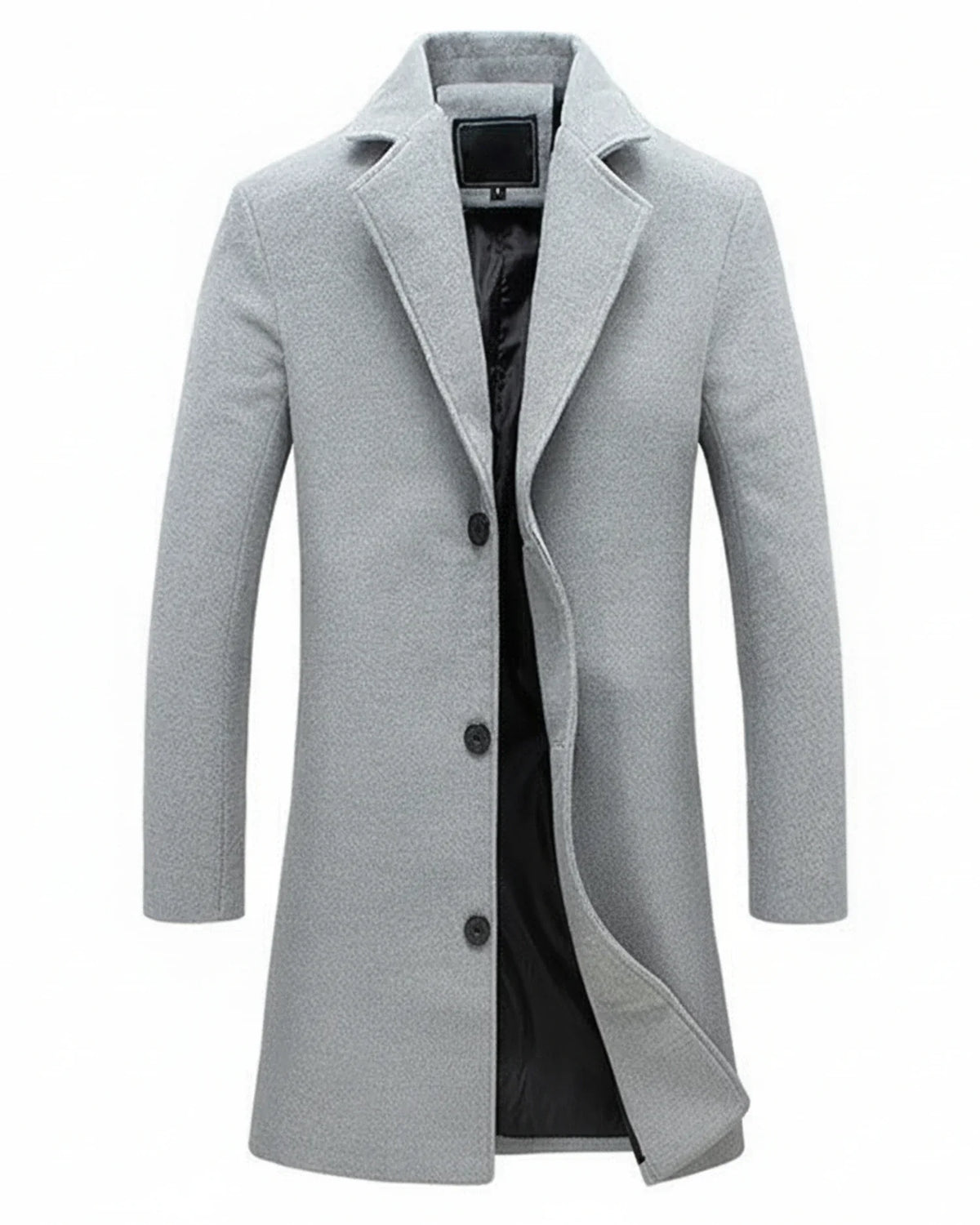 Men's classic long overcoat notch lapel button front versatile formal casual wear navy blue