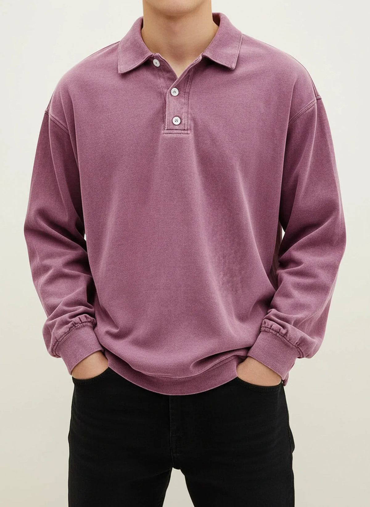 Men's blue vintage long sleeve polo shirt relaxed fit with classic collar button placket