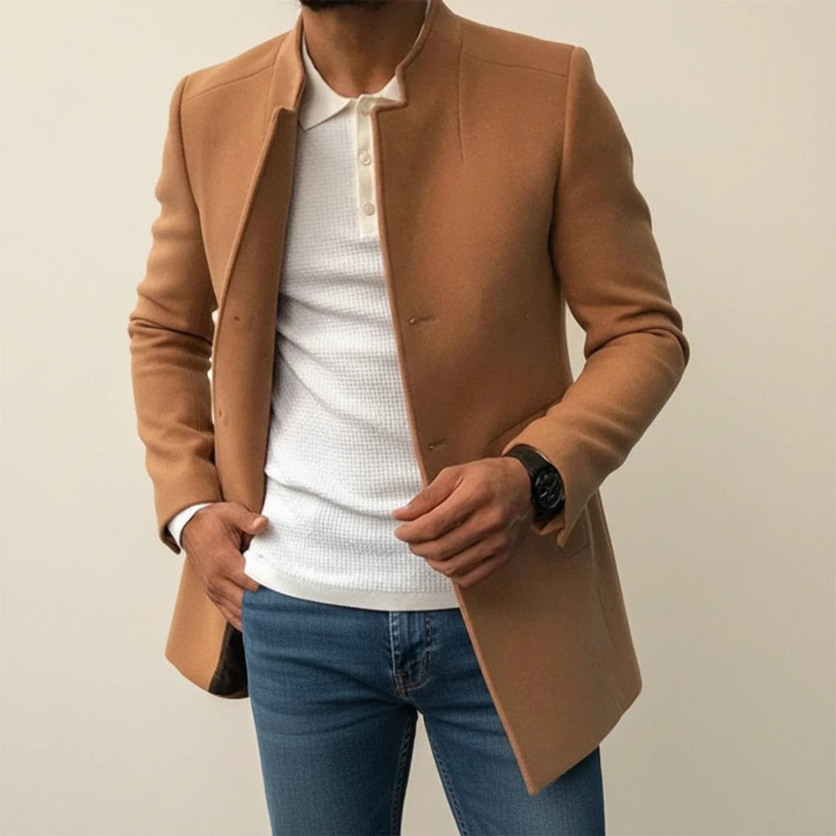 Orsenvi Men's Slim Fit Mandarin Collar Overcoat Mid Length Tan