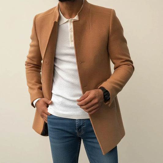 Orsenvi Men's Slim Fit Mandarin Collar Overcoat Mid Length Tan