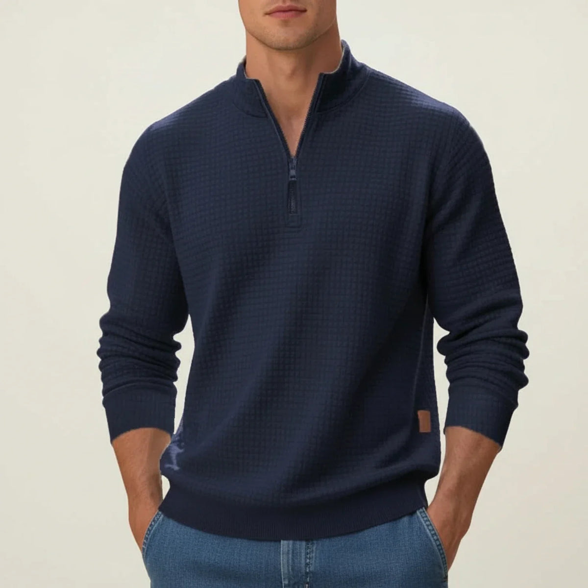 Men's gray quarter-zip pullover sweater textured knit stand collar layering piece