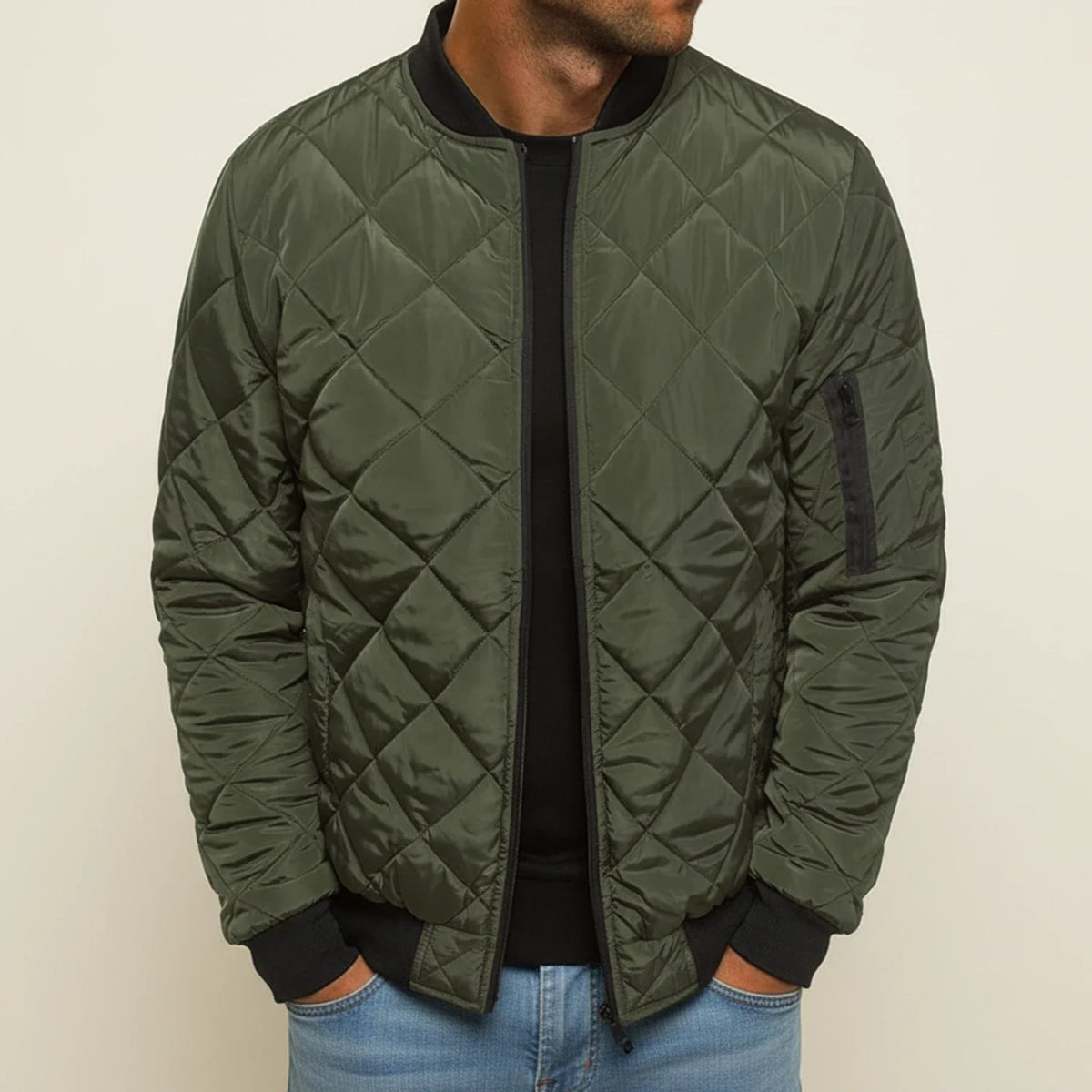 Men's black diamond quilted bomber jacket ribbed collar cuffs zip closure everyday versatile wear