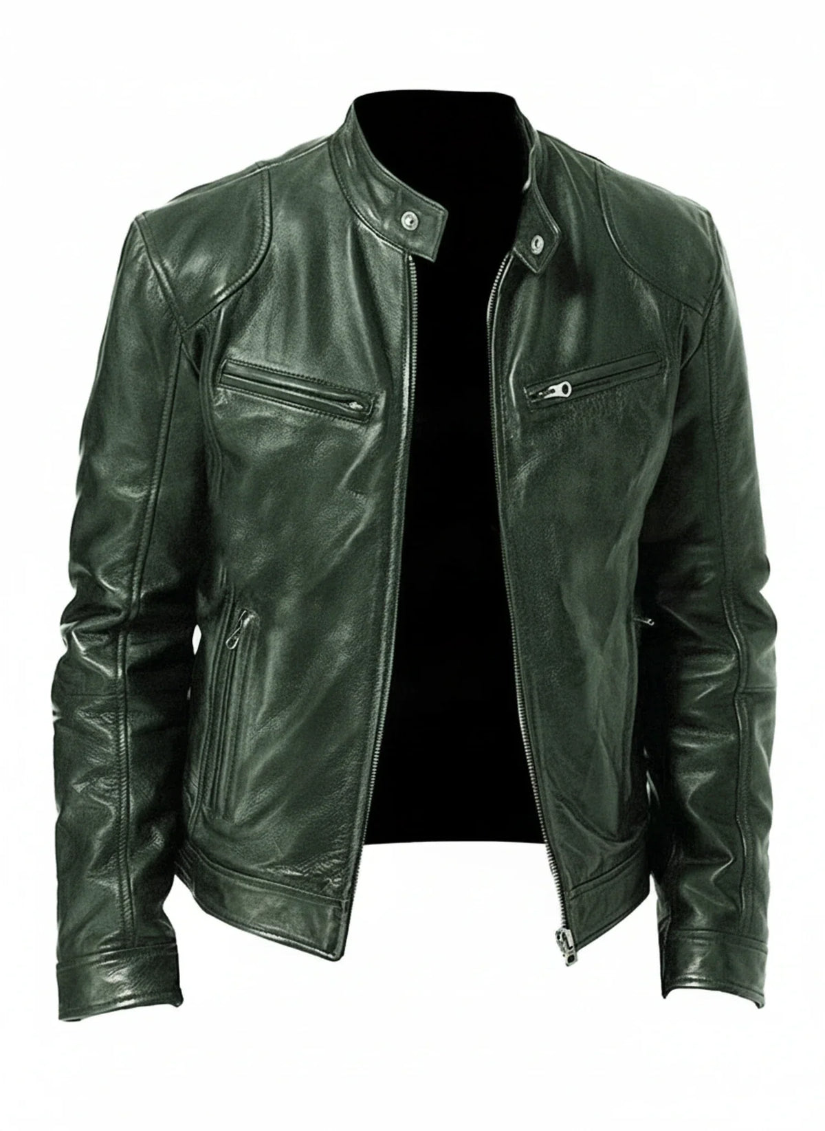 Men's black PU leather racer jacket slim fit zip front stand collar edgy modern style