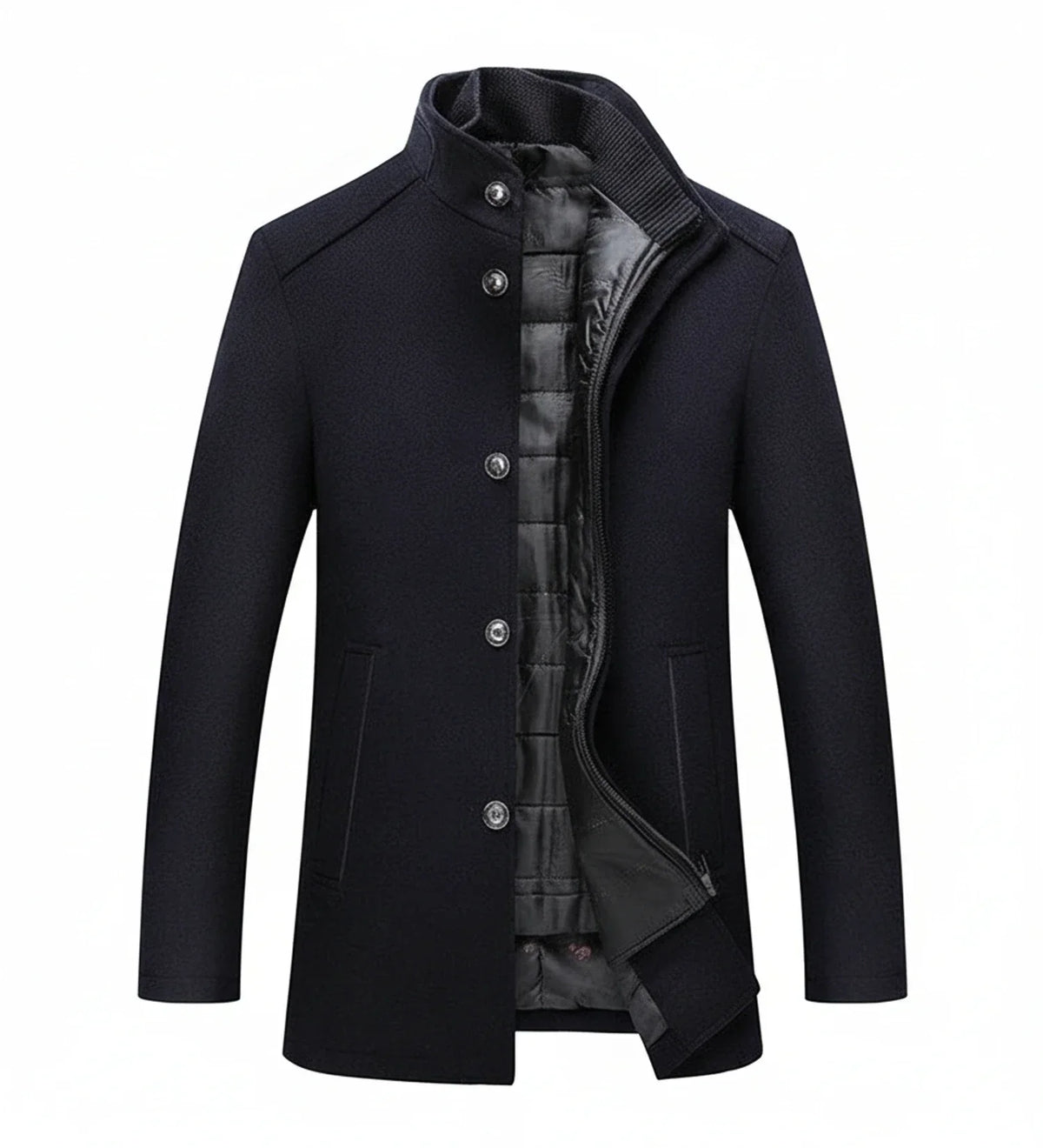 Men's mid-length wool overcoat, slim tailored fit, stand collar, quilted lining, modern polished style