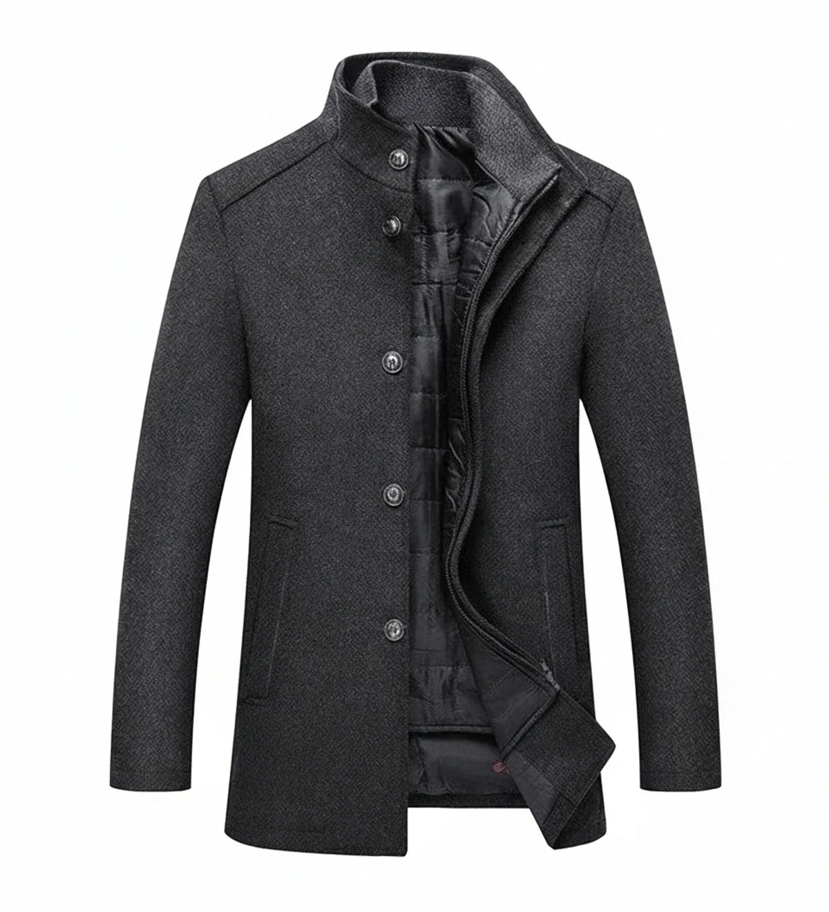 Men's mid-length wool overcoat slim fit stand collar quilted lining contemporary tailored style