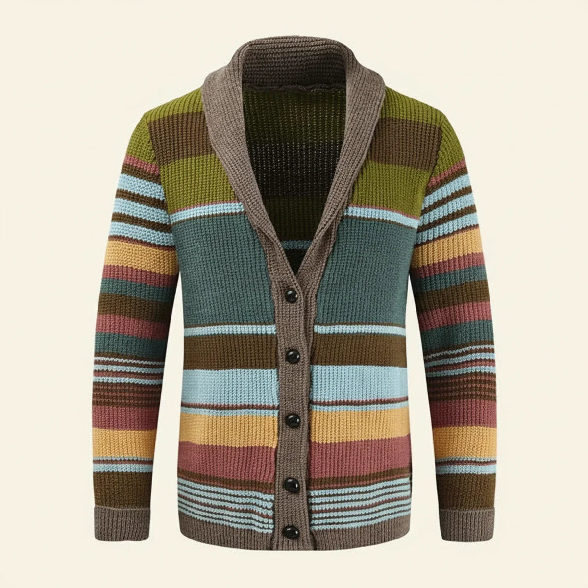 Men's multicolor striped shawl collar cardigan sweater with button front and ribbed knit trim