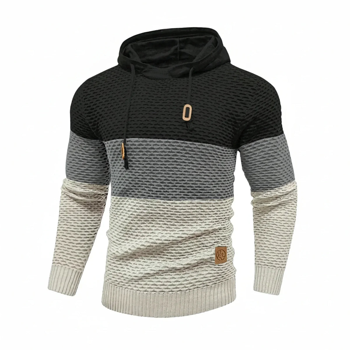Men's block stripe knit hoodie with drawstring hood, ribbed cuffs, color-blocked silhouette