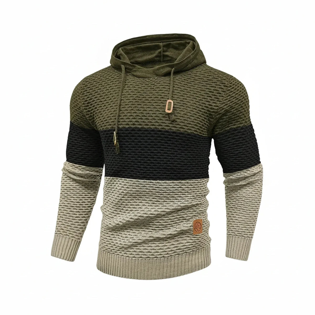 Men's color-block stripe knit hoodie with drawstring hood and ribbed cuffs for cooler weather