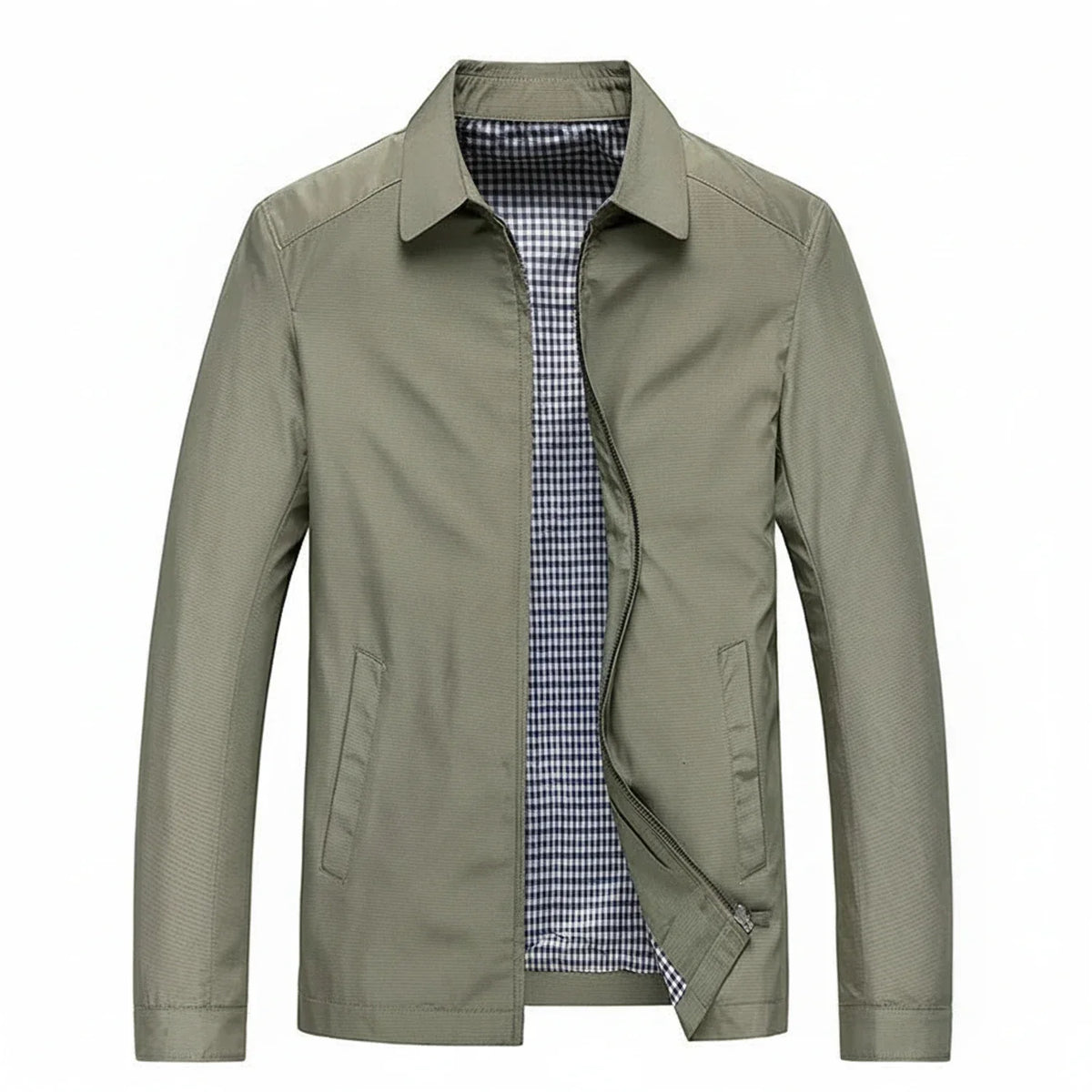 Men's lightweight zip-up jacket with collared silhouette and plaid lining, casual everyday style